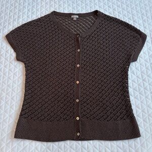J. Jill Women’s Short Sleeve Open Knit Cardigan Size L Brown Pointelle Stitch
